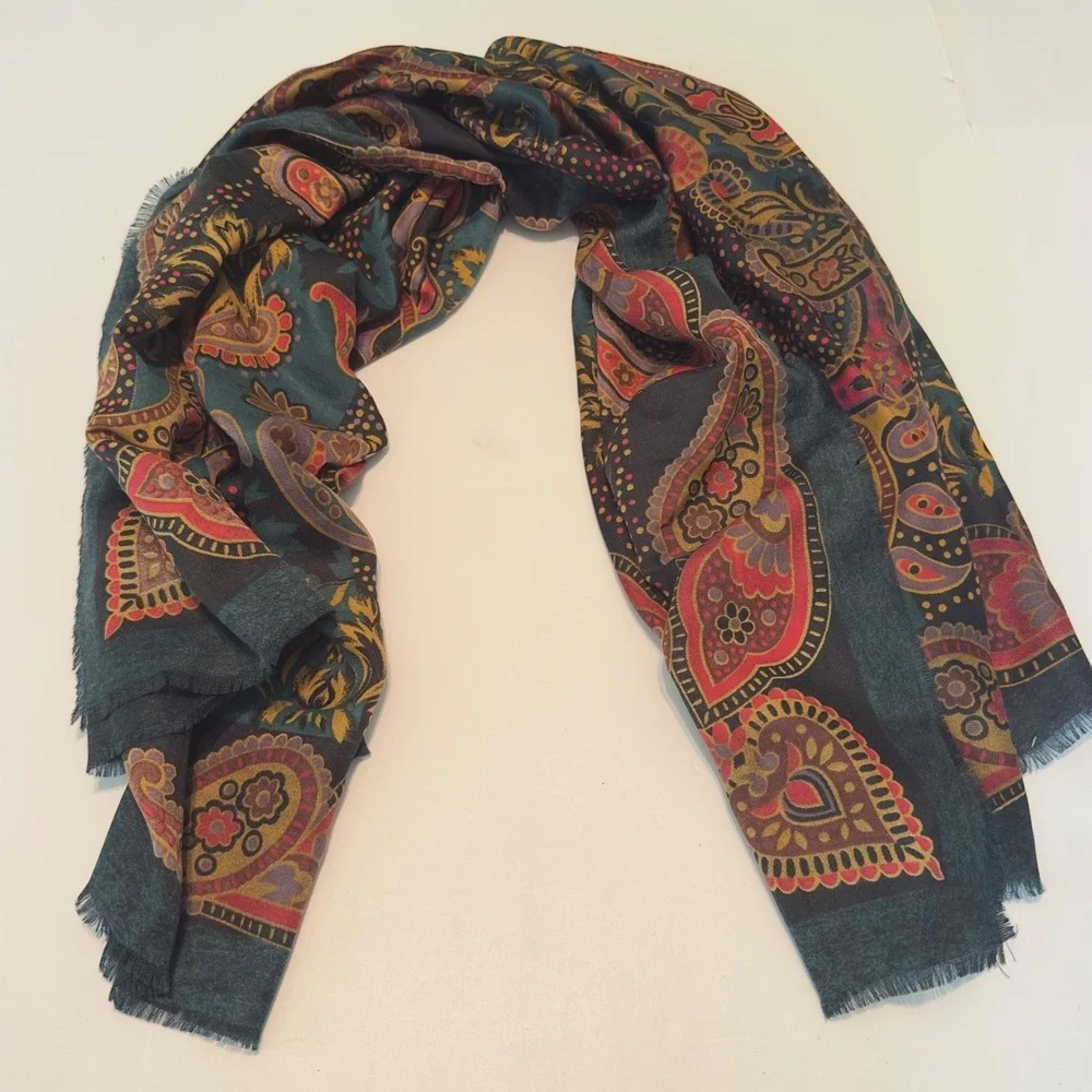 Made in Italy Teal Paisley Square Scarf with Frayed Fringe 46x46
